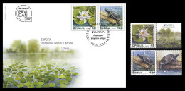 Serbia 2024. EUROPA, Underwater Fauna And Flora, Water Lily, Turtle, FDC + Stamp + Vignette, MNH - Schildpadden