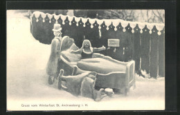 AK St. Andreasberg I. H., Winterfest, Frau Im Bett Und Umgekippte Wiege, Eisplastik  - Esculturas