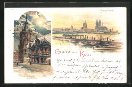 Künstler-AK Köln, Rathaus Bei Mondschein, Panorama  - Köln