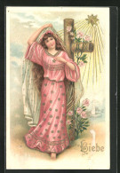 AK Junges Mädchen In Einem Pinken Kleid Vor Einem Kreuz, Schriftzug Liebe  - Autres & Non Classés