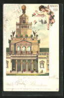 Lithographie München, Ausstellung 1898, Mittelbau, Kleiner Nackter Engel Verteilt Blumen  - Expositions