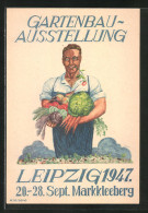 AK Markkleeberg, Gartenbau-Ausstellung 1947, Junger Mann Mit Sehr Viel Obst Und Gemüse Aus Dem Garten  - Exposiciones
