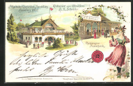 Lithographie Hamburg, Allgemeine Gartenbau-Ausstellung 1897, Restaurant Zum Elbschloss, Champagner Ausschank  - Exposiciones