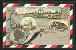 Lithographie Düsseldorf, Krupp-Palast, Totalansicht, Konterfei Kaiser Wilhelm II., Festhalle  - Expositions