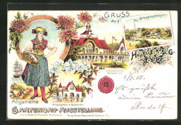 Lithographie Hamburg, Allgemeine Gartenbau-Ausstellung 1897, Hauptgebäude Und Restaurant, Blick Auf Den Stadtgraben  - Tentoonstellingen