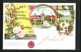 Lithographie Hamburg, Allgemeine Gartenbau-Ausstellung 1897, Hängebrücke, Haupt Ausstellungs-Gebäude  - Exposiciones