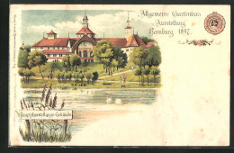 Lithographie Hamburg, Allgemeine Gartenbau-Ausstellung 1897, Haupt-Ausstellungs-Gebäude  - Exposiciones