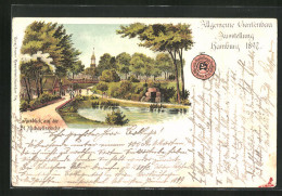Lithographie Hamburg, Allgemeine Gartenbau-Ausstellung 1897, Ausblick Auf Die St. Michaeliskirche  - Expositions