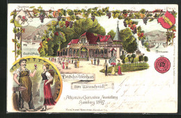 Lithographie Hamburg, Allgemeine Gartenbau-Ausstellung 1897, Deutsches Weinhaus Zum Weinschmidt, Berncastel  - Expositions