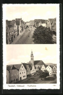 AK Neustadt /Waldnaab, Marktplatz Mit Kirche, Strassenpartie Mit Gebäudeansicht  - Neustadt Waldnaab