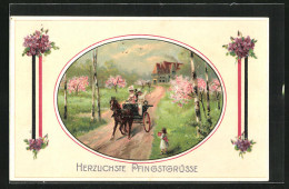 Präge-AK Frau Auf Pferdekutsche, Pfingsten  - War 1914-18