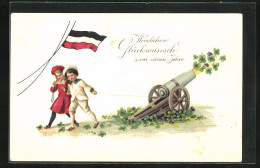 Präge-AK Kleine Kinder Zünden Mit Kleeblättern Gefüllte Kanone, Kriegsneujahr  - Weltkrieg 1914-18