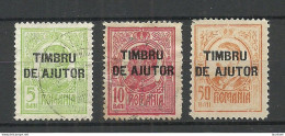 ROMANIA Rumänien 1915 Timbru De Ajutor Tax Taxe Gebührenmarken Fiscaux, 3 Stamps, Used - Fiscale Zegels