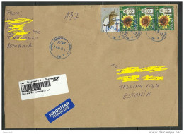 ROMANIA Rumänien 2015 Registered Air Mail Letter To Estonia Sonnenblume Hase Hare - Storia Postale