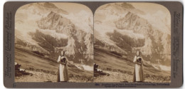 Stereo-Fotografie Underwood & Underwood, New York, Ansicht Scheidegg, Frau In Tracht Vor Jungfrau Bergmassiv  - Photos Stéréoscopiques