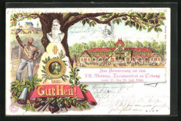 Lithographie Coburg, Zur Erinnerung An Das VII. Thüring. Kreisturnfest 1900, Festhalle, Denkmal Von Turnvater Jahn  - Coburg