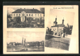 AK Reitschowes, Kirche, Volksschule, Teich  - Tchéquie