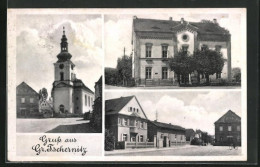 AK Gross Tschernitz, Kirche, Rathaus, Marktplatz  - Repubblica Ceca