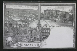 Lithographie Arnau / Hostinne, Staats-Gymnasium, Rathaus, Totalansicht  - Tchéquie