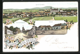 Lithographie Vys. Veseli, Ulice Novobydzovska, Namesti, Panorama  - Tchéquie