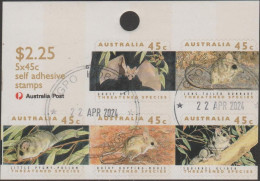 AUSTRALIA - DIE-CUT-USED 1992 $2.25 Threatened Species - Hang Sell Sheetlet Of Five - Oblitérés