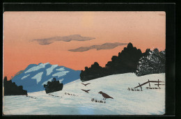 Künstler-AK Handgemalt: Winterlandschaft Mit Vögeln Auf Der Schneebedeckten Wiese  - 1900-1949