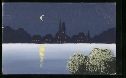 Künstler-AK Handgemalt: Ortssilhouette Bei Mondschein Vom See Aus Gesehen  - 1900-1949