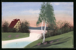 Künstler-AK Handgemalt: Flusspartie Mit Haus Und Grün Am Ufer  - 1900-1949