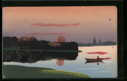 Künstler-AK Handgemalt: Sonnenuntergang Am See Mit Ruderboot  - 1900-1949