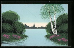 Künstler-AK Handgemalt: Stadtsilhouette Am Ende Eines Sees  - 1900-1949