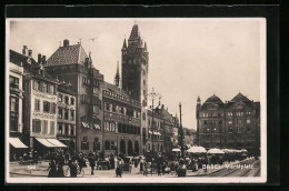 AK Basel, Belebter Marktplatz  - Bâle