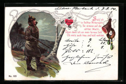 Lithographie Einsamer Infanterist Auf Wachposten  - War 1914-18