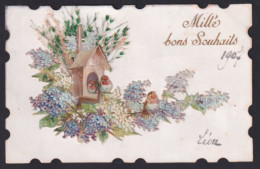 Trockenblumen-AK Mille Bons Souhaits, Vögel Am Blumengeschmückten Häuschen  - Sonstige & Ohne Zuordnung