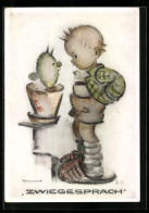 Künstler-AK Hummel: Kleiner Junge Im Zwiegespräch Mit Einem Kaktus  - Hummel