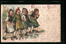 Lithographie Hessische Kinder In Tracht Mit Hund  - Vestuarios