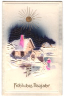 Präge-Airbrush-AK Wassermühle Im Sonnenschein, Neujahrsgruss  - Sonstige & Ohne Zuordnung
