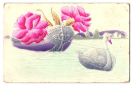 Präge-Airbrush-AK Schwan Zieht Ein Boot Mit Riesigen Blüten  - Sonstige & Ohne Zuordnung