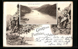 Lithographie Pertisau A. Achensee, Dampfer Auf Dem See Und Ortsansicht  - Other & Unclassified