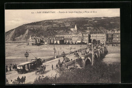 AK San Sebastian, Puente De Santa Catalina Y Playa De Gros, Strassenbahn  - Tramways