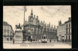 AK Anvers, Statue Léopold I., Banque Nationale, Strassenbahn  - Tram