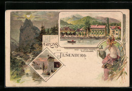 Lithographie Ilsenburg A. H., Hotel Zur Rothen Forelle, Schloss, Maid Mit Harfe  - Ilsenburg