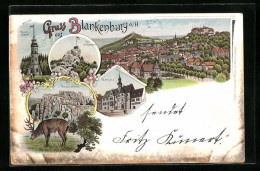 Lithographie Blankenburg /Harz, Rathaus, Totalansicht, Der Grossvater, Regensteine, Kaiserwarte  - Blankenburg