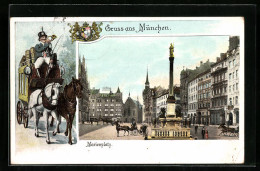 AK München, Marienplatz Mit Cafe Perze Und Denkmal, Postkutsche  - Muenchen