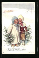 Künstler-AK Karl Feiertag: Mädchen Und Junge Im Schnee Mit Tannenbäumen  - Feiertag, Karl