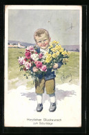 Künstler-AK Karl Feiertag: Glückwünsche Und Blumen überbringender Kleiner Junge  - Feiertag, Karl