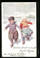 Künstler-AK Karl Feiertag: Eislaufende Niederländische Kinder  - Feiertag, Karl