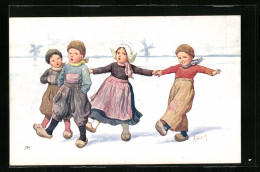 Künstler-AK Karl Feiertag: Holländische Kinder In Holzpantoffeln In Winterlandschaft Mit Windmühlen  - Feiertag, Karl