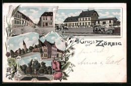 Lithographie Zörbig, Kurzestrasse, Bahnhof, Schloss, Kaiserl. Postamt Und Kriegerdenkmal  - Zörbig