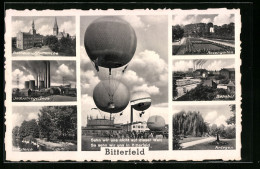 AK Bitterfeld, Rathaus Und Stadtkirche, Ballonwettfliegen, Rosengarten  - Globos