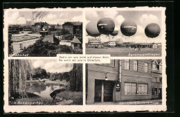 AK Bitterfeld, Ballonwettfliegen, Im Rosengarten, Bahnhof, Gasthaus Goldene Kugel  - Globos